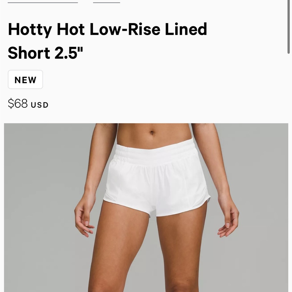 Lululemon Hotty Hot Low-Rise Lined Short 2.5", size 6, White, new with tags
